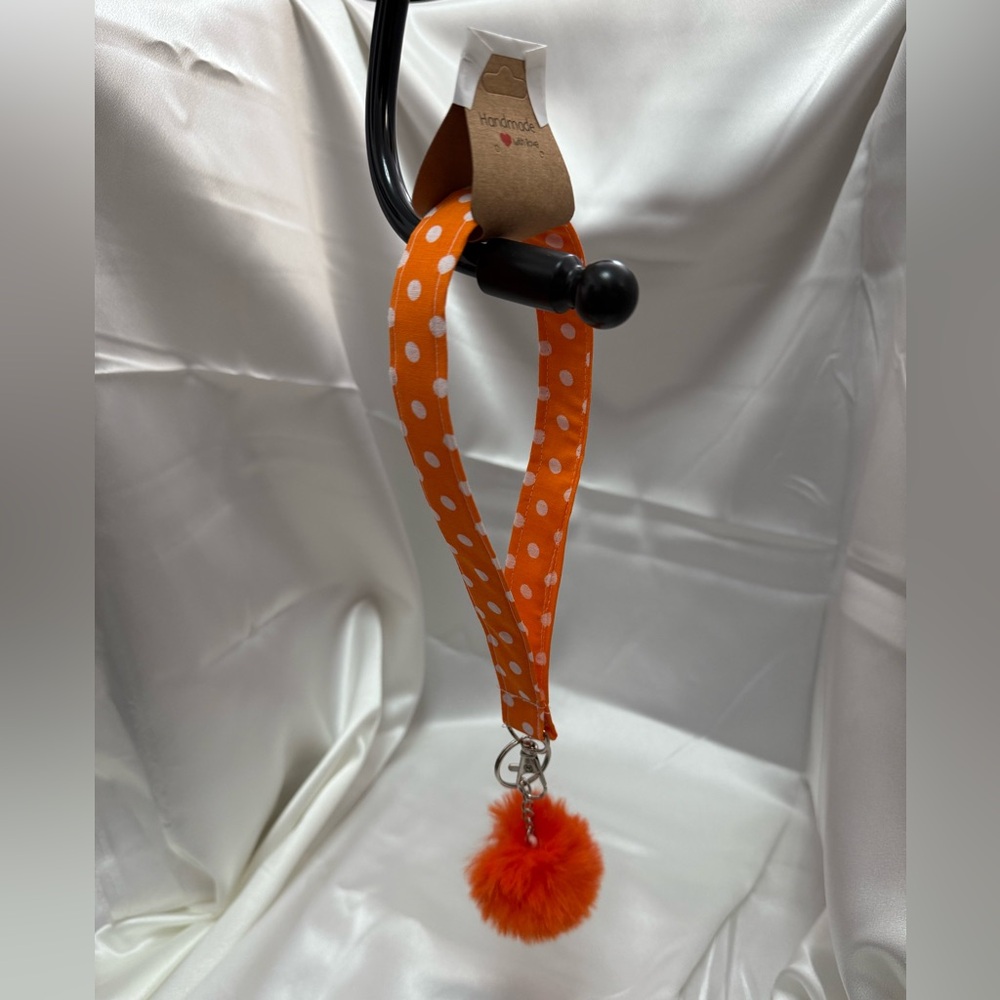 Handmade Orange and White Polka Dot Wristlet Keychain with Orange Pompom